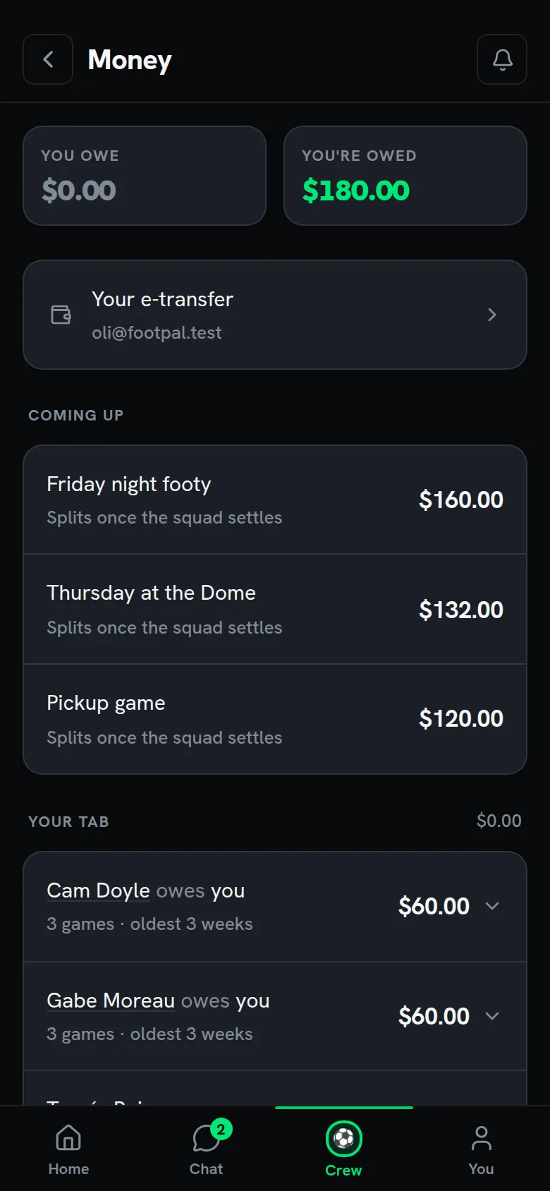 The money screen: what you owe, what you are owed, and the crew’s tab person by person.